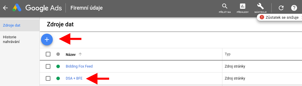Google Ads - přidání nového zdroje dat 
